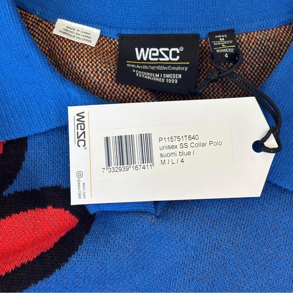 WESC Collar Blue w/Red Floral Polo 100% Cotton Oversized Men’s M Women L - Picture 7 of 11